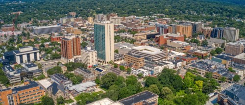 Aerial view of downtown Ann Arbor, MI, on a summer day.