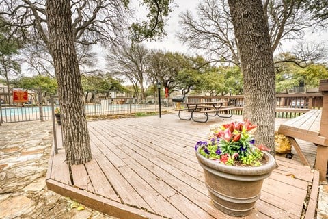 a picnic area with benches and trees and a pot of flowers