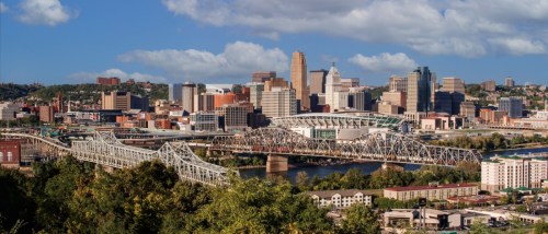 the skyline of Cincinnati and bridges over the Ohio River